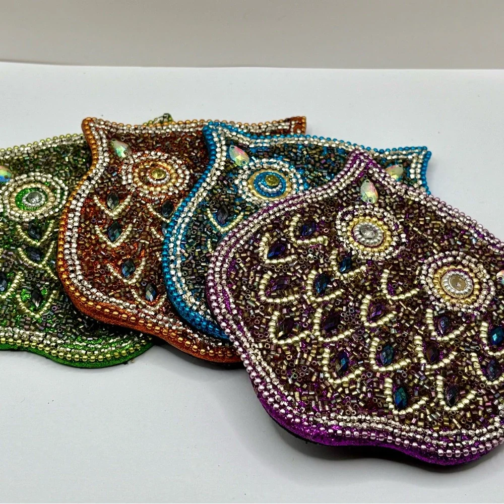 Pier 1 Beaded Jewel Tone Owl Coaster Set 4 Whimsy Owls Retired